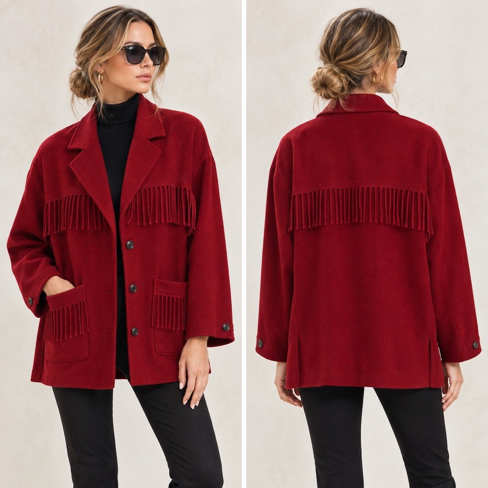 A Line Anne Klein Red 100% Wool Fringe Western Jacket Coat Made in USA XL - Picture 11 of 11